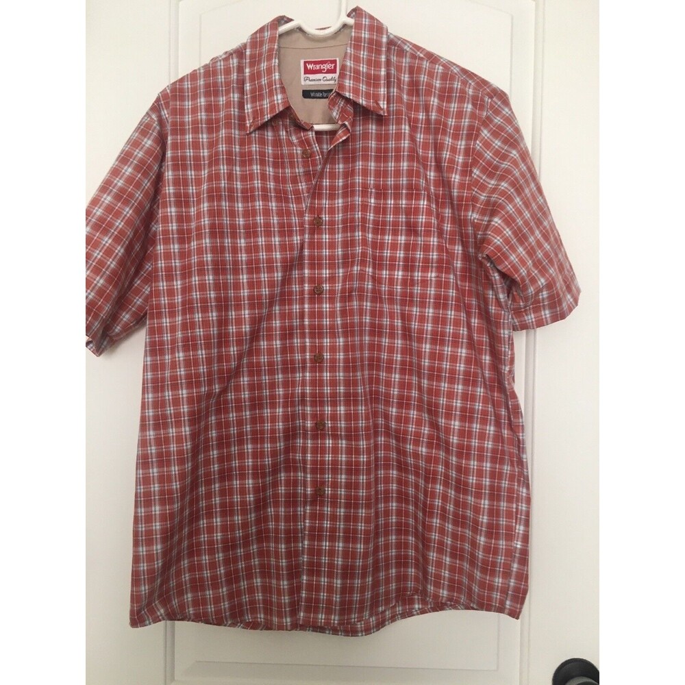 Wrangler Shirt Men Medium Orange Plaid Button Up Down Outdoor